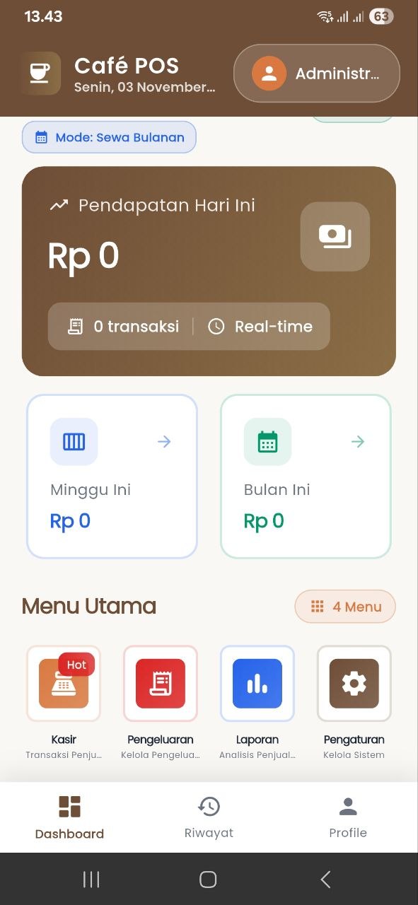 Tampilan aplikasi PosCafe untuk manajemen kasir kafe dengan fitur split bill dan pesanan